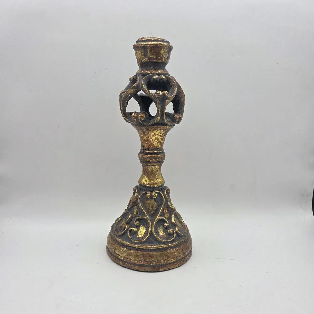 Gold Ornate Scrollwork Resin Candlestick Holder 8 Inch Gothic Antique Decor
